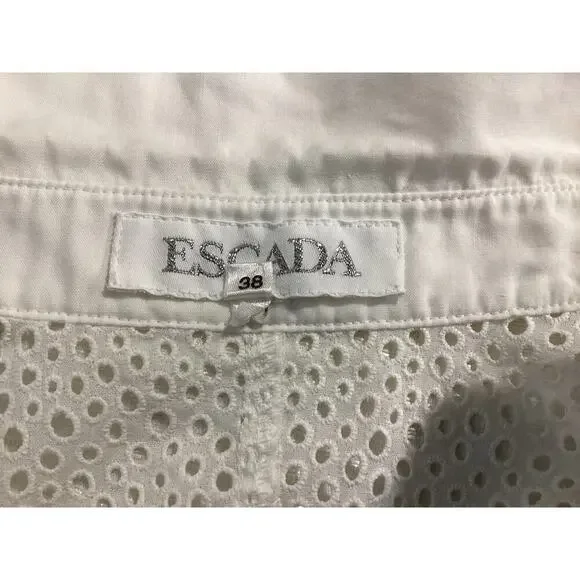 Escada white eyelet short-sleeved shirt rhinestone-embellished buttons size 38 - Picture 10 of 11